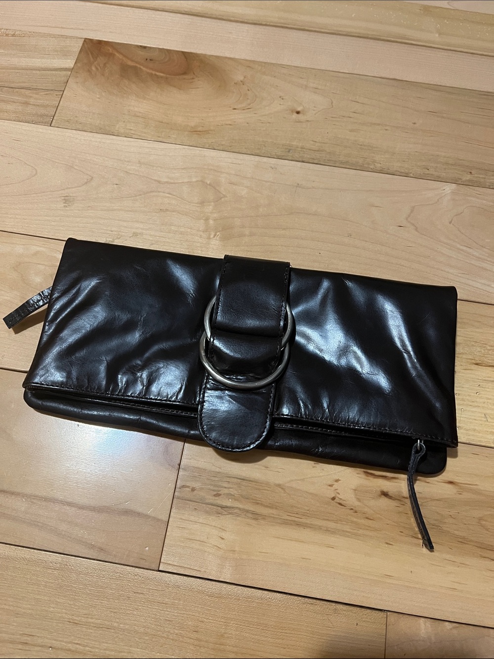 Dark Brown Vintage Leather Fold-Over Clutch with Ring Detail